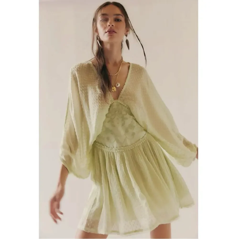 Free People Bohemian Ethereal Cottage Sweet Dreams Mini Dress Frozen Dew Size XL
